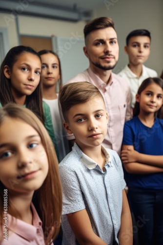 closeup shot of a group of students and their teacher in the classroom