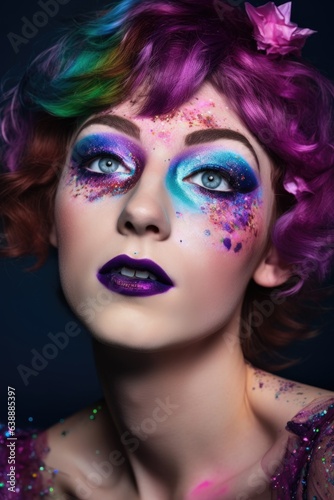 a young woman in a purple wig and splash of colorful makeup on her face