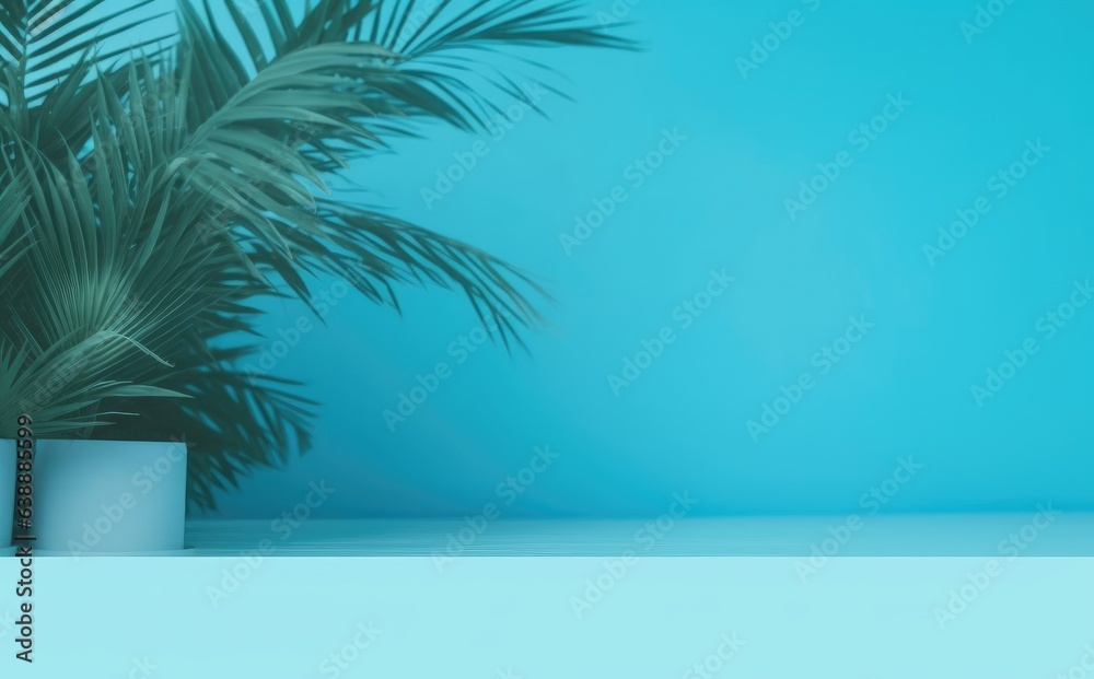 Green tropical palm leaves on blue background minimal summer concept creative flat lay Green tropical palm leaves on blue background minimal summer concept creative flat lay
