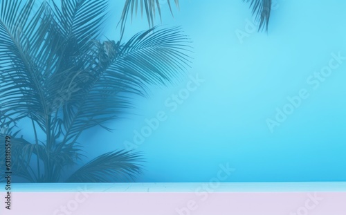 Green tropical palm leaves on blue background minimal summer concept creative flat lay