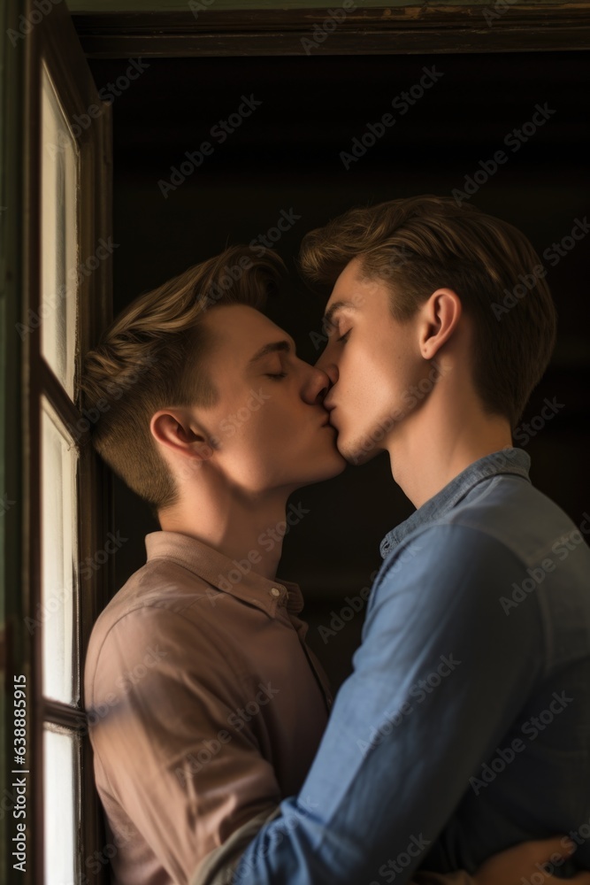 two young men kissing and embracing two young men kissing and embracing