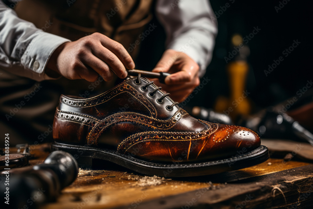 An elegant image showcasing the restoration of a vintage leather shoe, bringing it back to its former glory. Generative AI - obrazy, fototapety, plakaty 