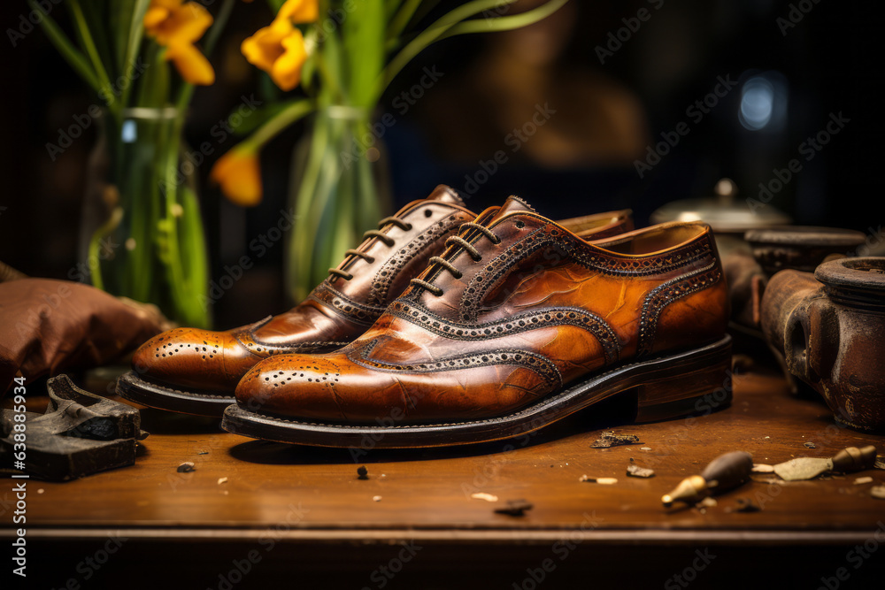 An elegant image showcasing the restoration of a vintage leather shoe, bringing it back to its former glory. Generative AI An elegant image showcasing the restoration of a vintage leather shoe, bringing it back to its former glory. Generative AI