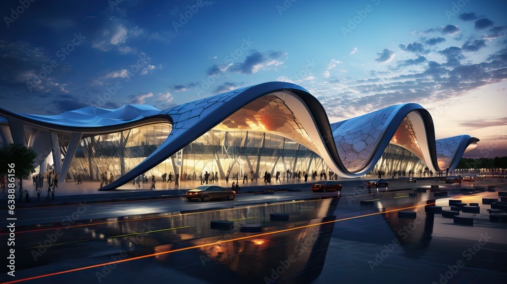 Naklejka premium A modern airport characterized by its avant-garde and spacious architecture, optimized for traveler efficiency and comfort. Generative AI