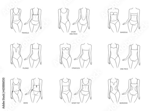 Collection of swimwears on a woman's body. Swimsuits front and back view. Vector illustration isolated on white background