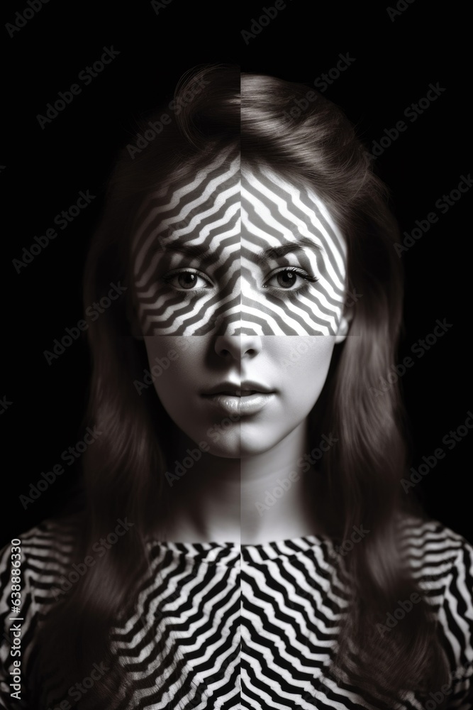 a portrait of a beautiful young woman with in the shape of several optical illusions