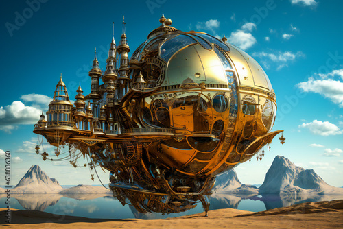 Surreal fantasy steampunk alien ship on a desert alien planet