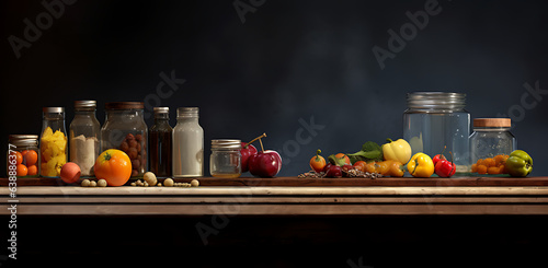 Banner of a dark kitchen with vessels, spices, apples and fruits. Still life style