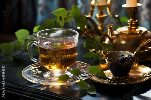 A cup of tea with green leaves around