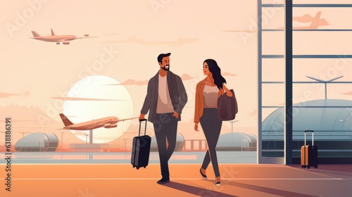 Cartoon picture of happy couple man and woman standing together on the territory of the airport AI