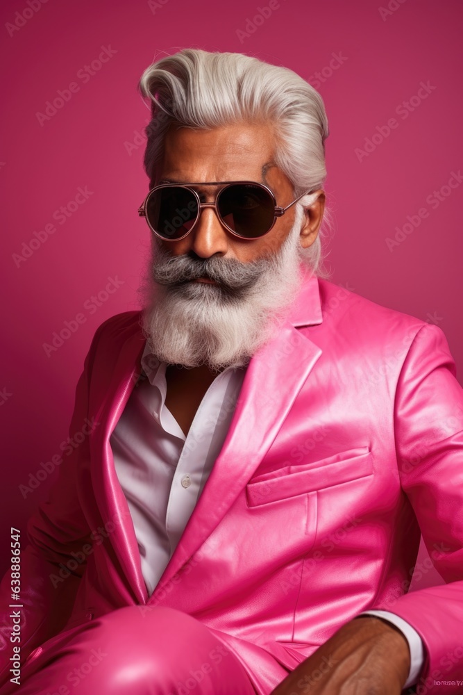 Glamorous portrait of an age old Indian man with beard wearing glasses dressed in pink clothes on pink background. Glamorous portrait of an age old Indian man with beard wearing glasses dressed in pink clothes on pink background.