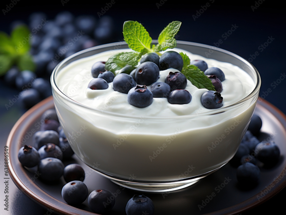 Bowl with yogurt and blueberries and mint on table, top view Bowl with yogurt and blueberries and mint on table, top view