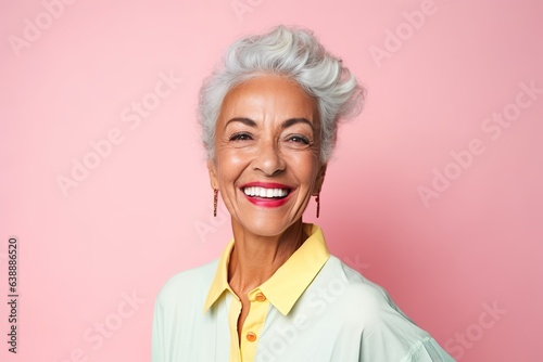 Portrait of a smiling middle-aged Latino-American woman on a pink background.
