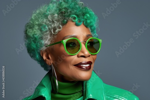 Glamorous portrait of an elderly African American woman wearing green glasses and a green leather jacket.