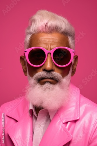 Glamorous portrait of an age old Indian man with beard wearing glasses dressed in pink clothes on pink background. © Владимир Солдатов