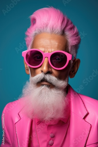Glamorous portrait of an aged man with a beard wearing glasses dressed in pink clothes on a blue background.