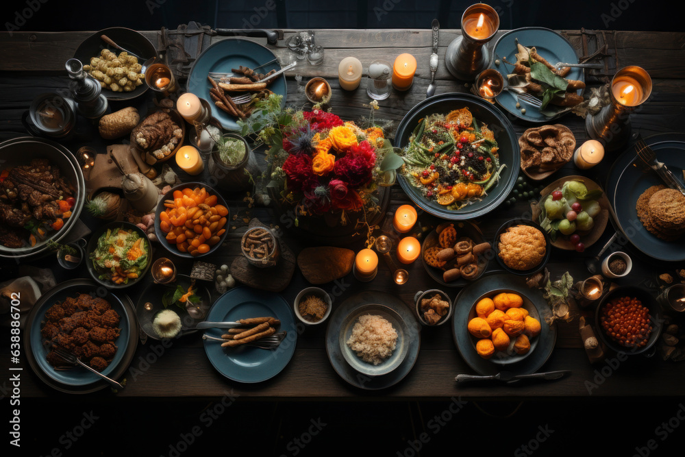 High Angle View of Grilled Meal of Steak, Chicken and Vegetables Spread Out on Rustic Wooden Table at a diner Party High Angle View of Grilled Meal of Steak, Chicken and Vegetables Spread Out on Rustic Wooden Table at a diner Party