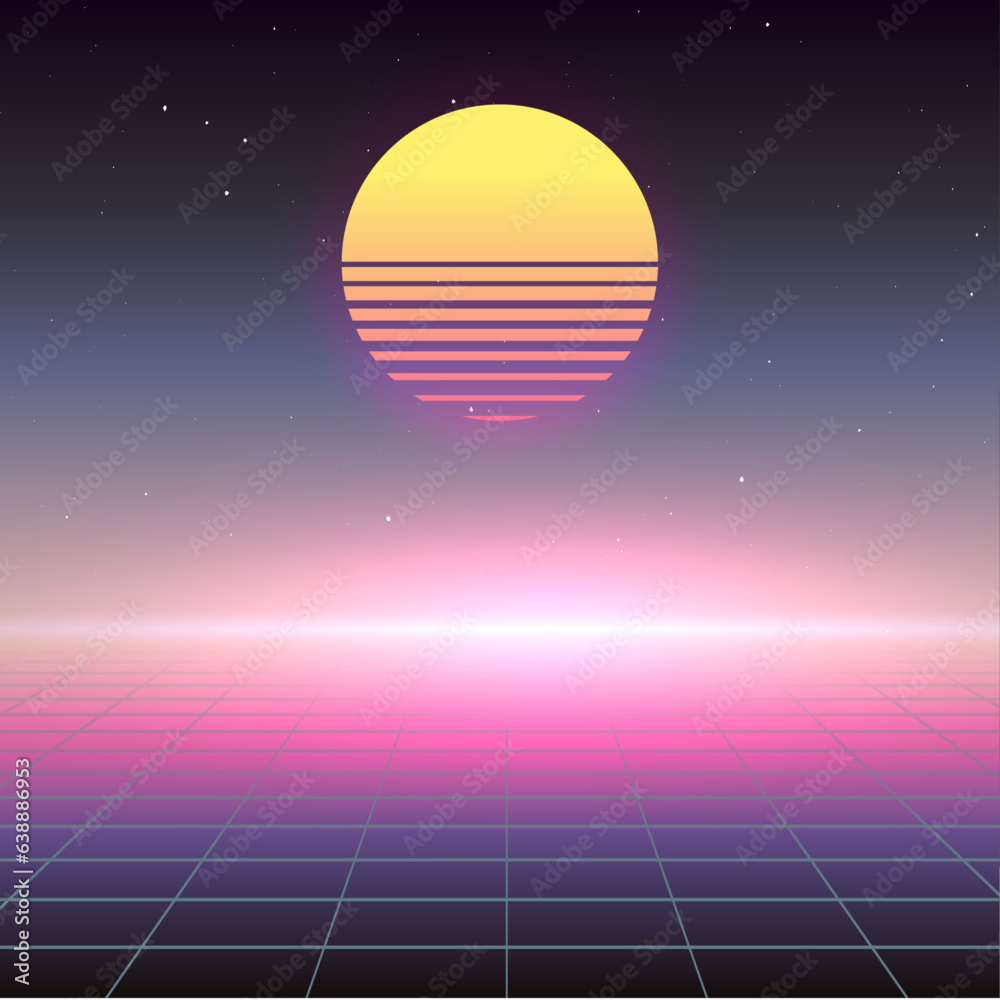 Neon sunset, a digital grid foreground, and a star-studded sky. Visual journey back to 80s. Synthwave inspired graphic. Scifi futuristic vector image. Background for party flyer, techno poster.