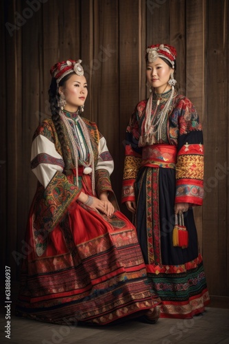 shot of two women in traditional dress against a wooden backdrop