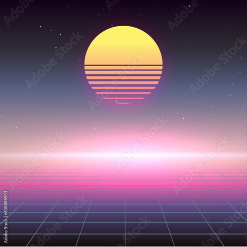 Obraz na płótnie Neon sunset, a digital grid foreground, and a star-studded sky. Visual journey back to 80s. Synthwave inspired graphic. Scifi futuristic vector image. Background for party flyer, techno poster. w salonie