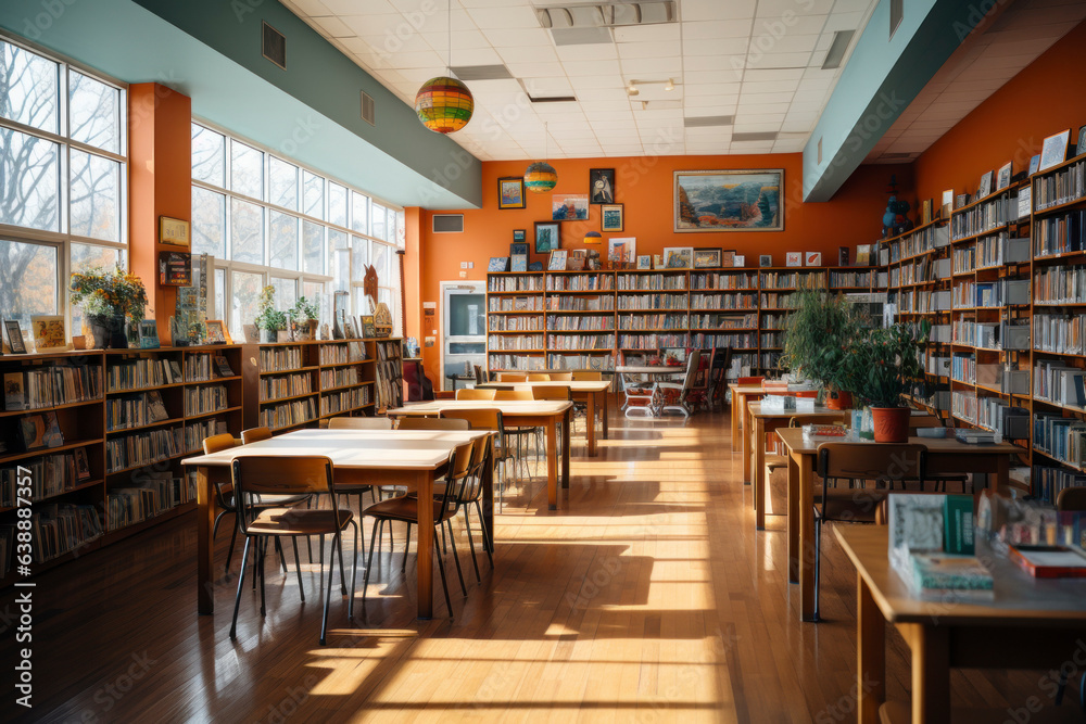 Public library interior with no people and bookshelves. Workplace table, desk with laptop and chairs for studying, college, university, high school students self preparation