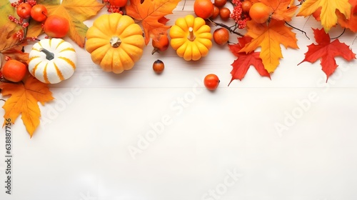 Autumn decor from pumpkins  berries and leaves on a white wooden background. Concept of Thanksgiving day or Halloween. Flat lay autumn composition with copy space. AI Generative