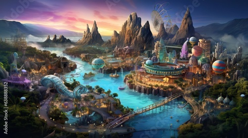 A magical theme park full of captivating attractions and immersive experiences  designed to entertain and delight both children and adults alike. Generative AI