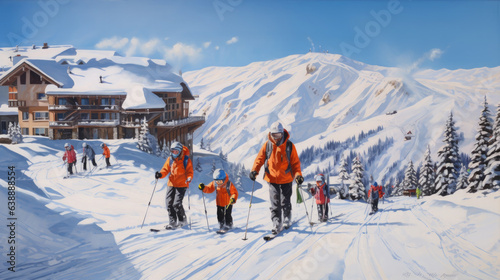 Generative AI, family on vacation in a ski resort in the snowy mountains, skiing, travel with children, mountain landscape, winter sports, new year holidays, tourism, children