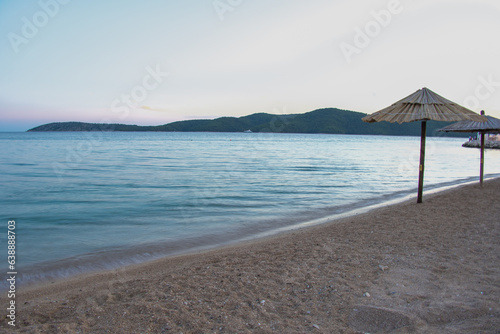 Fototapeta Naklejka Na Ścianę i Meble -  Empty Solaris beach after sunset. Šibenik, Croatia 
