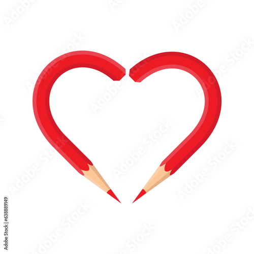 Heart of red curve pencils. Art and creativity, pack for drawing.Logo.Stationery for school and office. Cartoon flat collection.Vector illustration