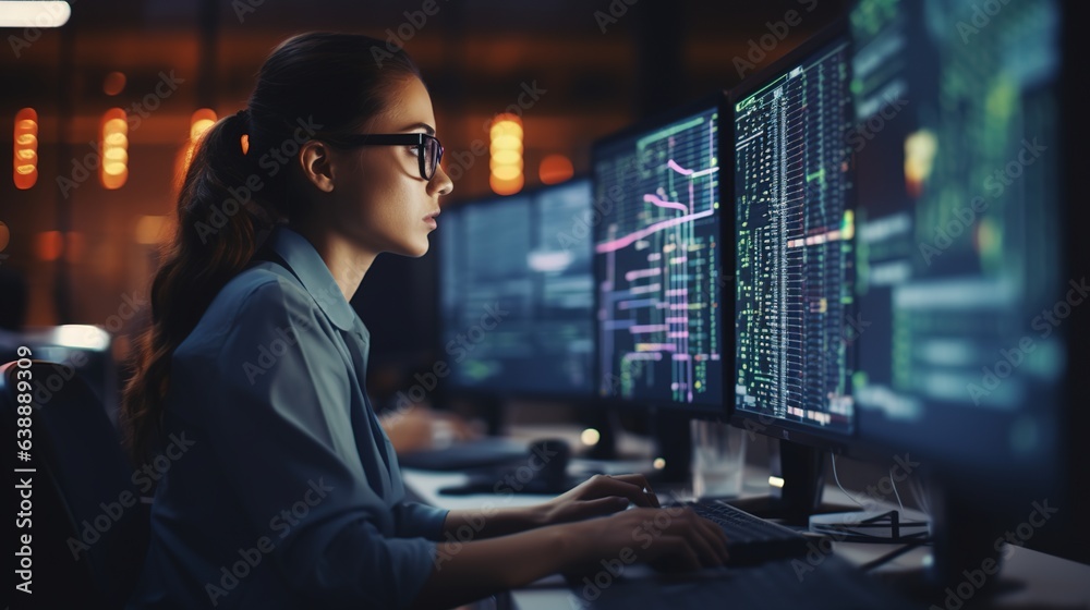 Young girl programmer writing code on the keyboard, in the office space at night. Design ai Young girl programmer writing code on the keyboard, in the office space at night. Design ai
