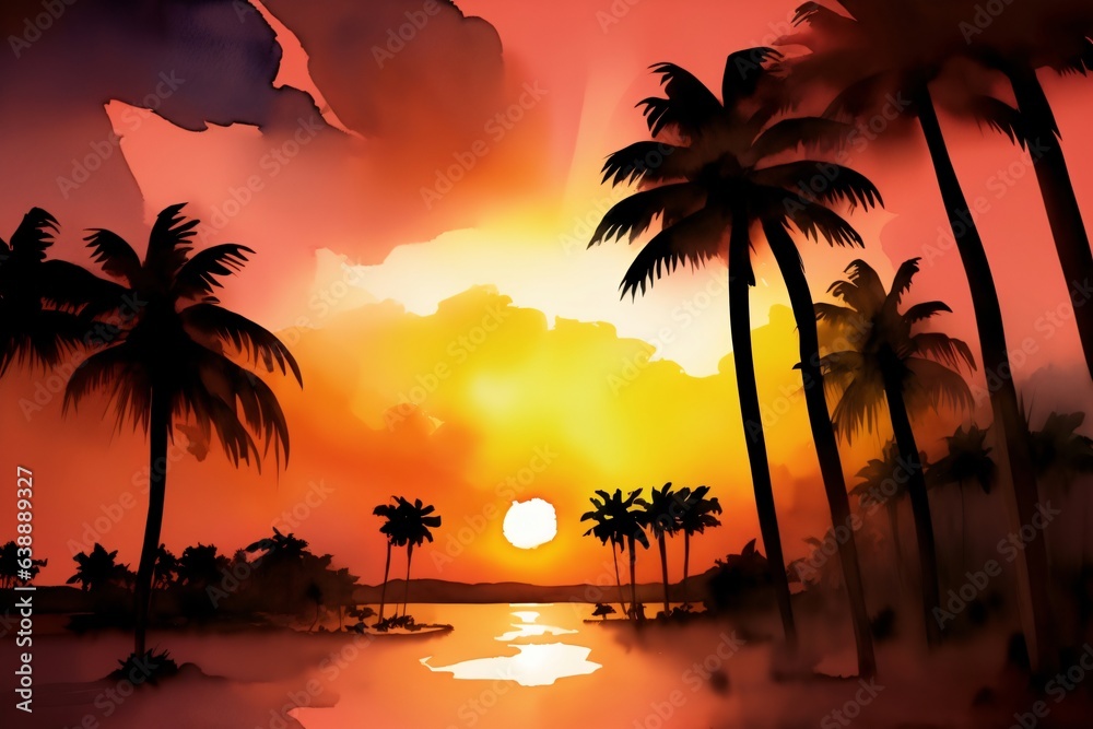 A Painting Of A Tropical Sunset With Palm Trees