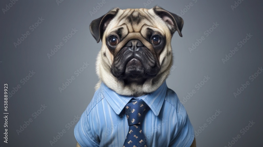 Pug dog wear suit in clean background