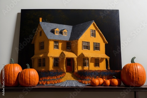 A Painting Of A House Surrounded By Pumpkins