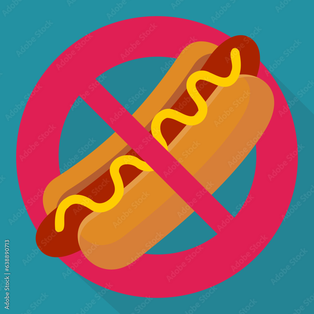 Crossed out red circular prohibition symbol on a hot dog with its bun sausage and mustard on a blue background with shadow in a flat design style Crossed out red circular prohibition symbol on a hot dog with its bun sausage and mustard on a blue background with shadow in a flat design style