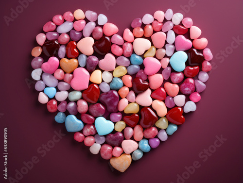 Top view of Pink heart shaped from heart shaped candies and sweets on top as decoration. Placed on pink background. Valentine's day, mothers day, birthday, celebration concept.