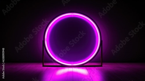 Glowing purple neon lamps on brick wall background indoors 3D illustration. Neon light line effect.