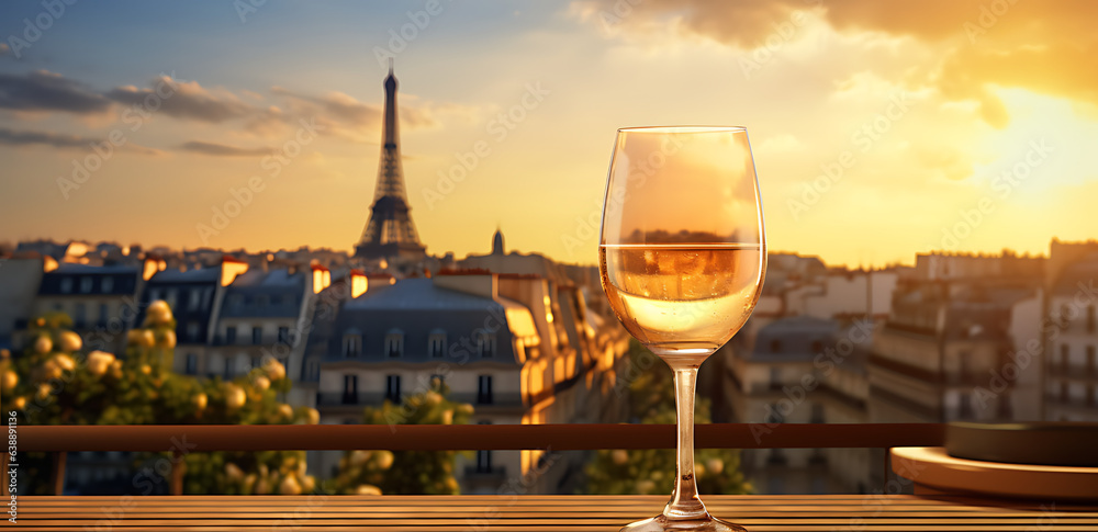 Glass of wine on Wooden table top table. night view of the Eiffel Tower blurred on the background. Paris, vacation concept for mounting your product.