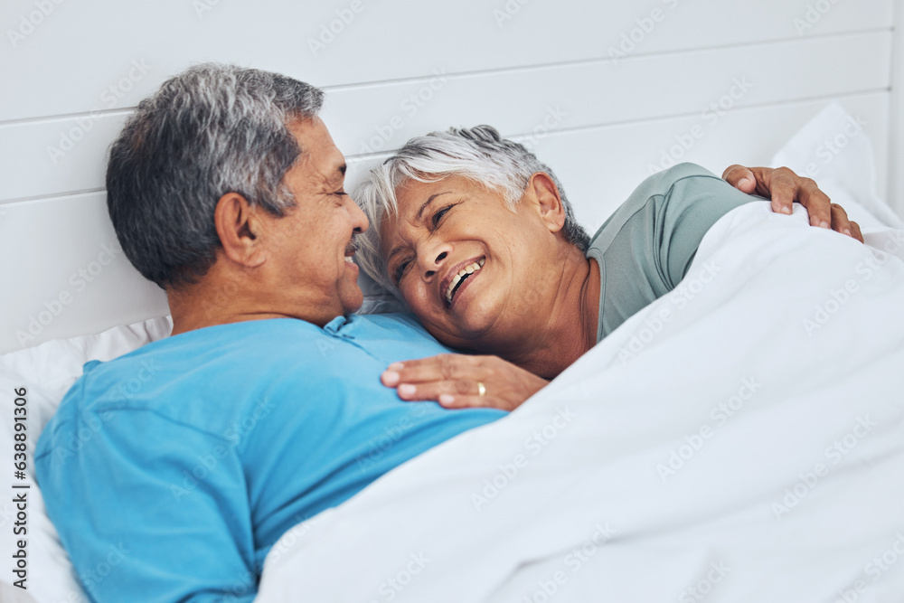 Bed, smile and senior couple with love, relax and marriage with retirement, relationship and conversation. Morning, elderly man and old woman with romance, bedroom and trust with peace, home and care