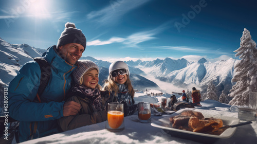 Generative AI  family on vacation in a ski resort in the snowy mountains  skiing  travel with children  mountain landscape  winter sports  new year holidays  tourism  children