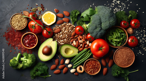 Healthy food eating selection- fruit, vegetables, seeds, superfoods, cereals, leaf vegetable on black background