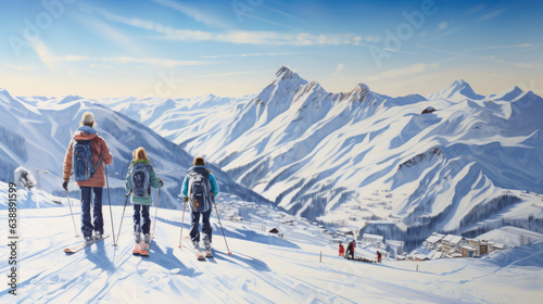 Generative AI, family on vacation in a ski resort in the snowy mountains, skiing, travel with children, mountain landscape, winter sports, new year holidays, tourism, children © Julia Zarubina