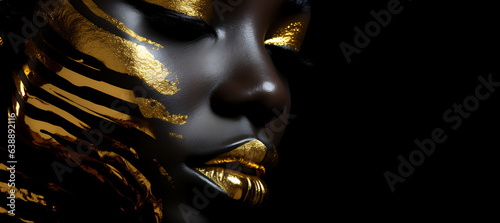 Beauty woman model painted in black skin color body  gold makeup  lips  and eyelids in gold color paint. Body art. Beauty gold metallic body painted Skin. african Fashion art 