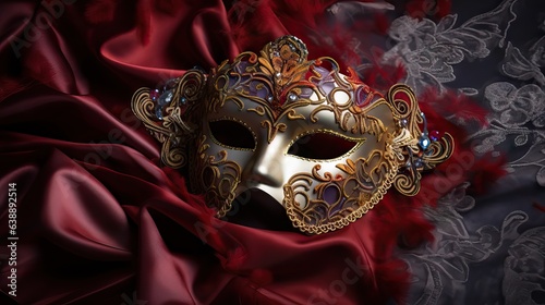 An elegant photograph of a Venetian mask delicately placed on a velvet background, used strategically in a marketing campaign to allure prospective clients for an event planning company. Generative AI