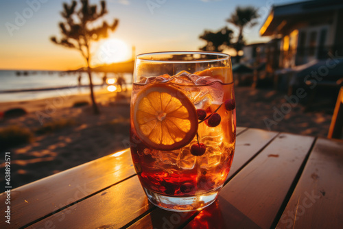 Romantic outdoor scene: glas of red wine at sea beach sunset
