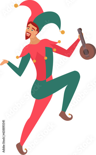 Medieval jester dancing. Amusement person in middle ages cartoon vector illustration