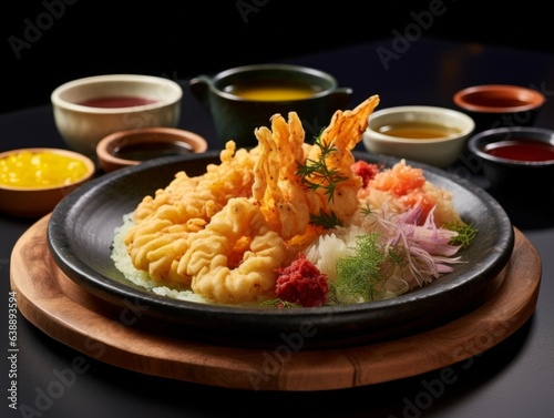 Tempura, capturing its appealing mix of colors and texture, served with bowls of dipping sauce and rice, shot with a Fujifilm X-T3 camera, using a telephoto lens --v 5.2 --ar 4:3 --no cutlery knives f