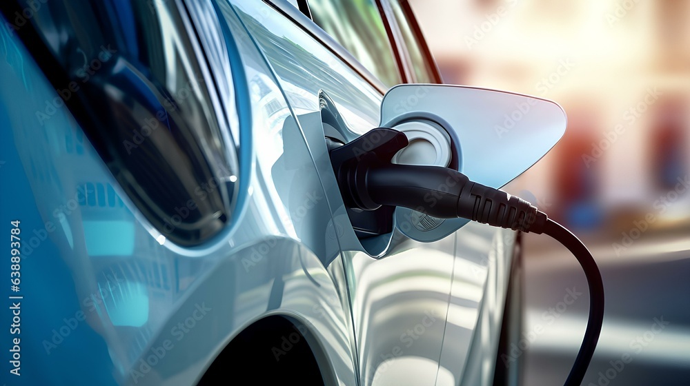 Charging station for electric vehicles with a connected power cable, the concept of green electric power of electric vehicles.