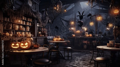 Spooky Halloween coffee cafe with eerie decorations, dim lighting © Postproduction