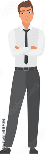 Office employee man with crossed hands. Confident standing business manager vector illustration